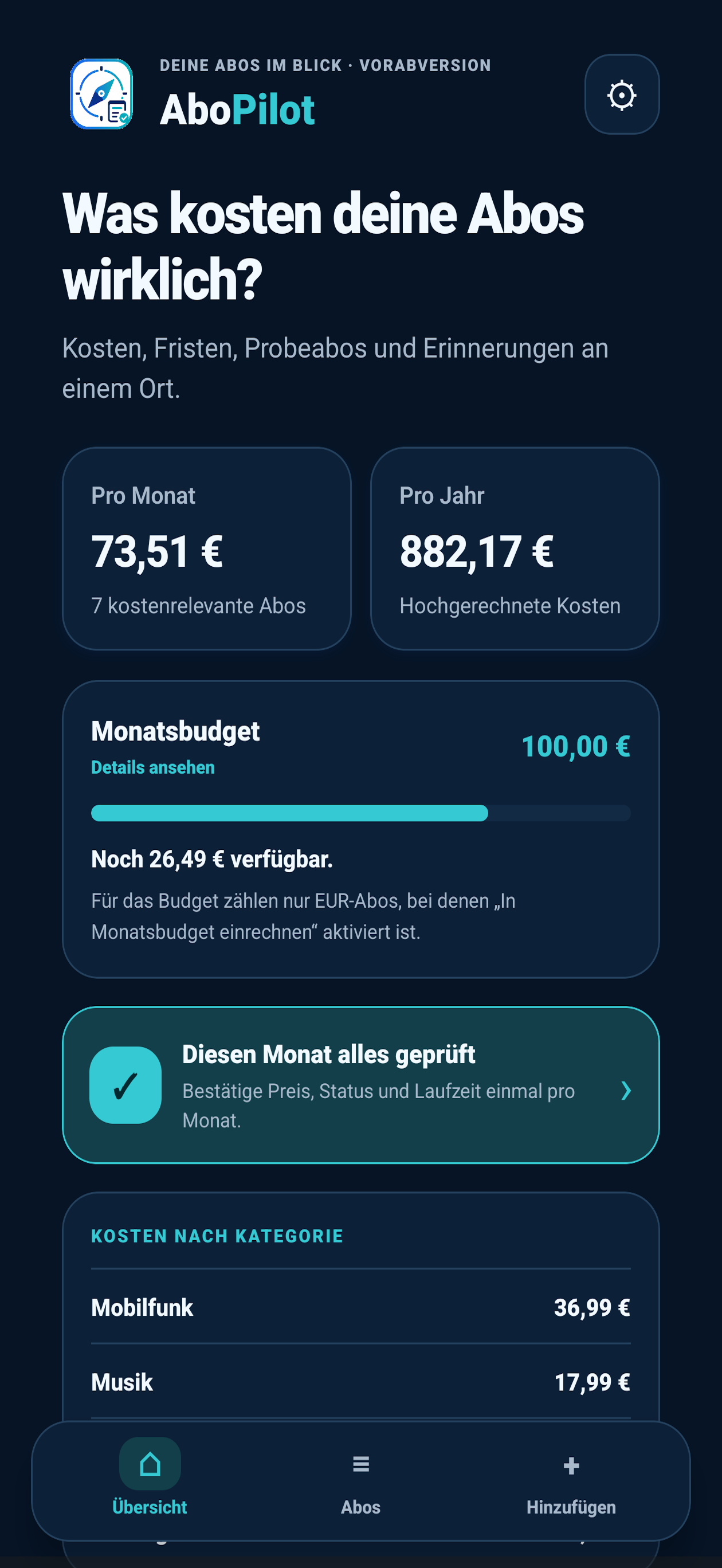 AboPilot home screen with expense overview and monthly budget
