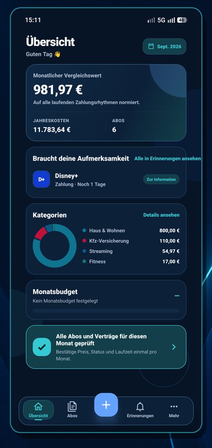 AboPilot: Übersicht mit monatlichem Vergleichswert, Kategorien und anstehenden Zahlungen