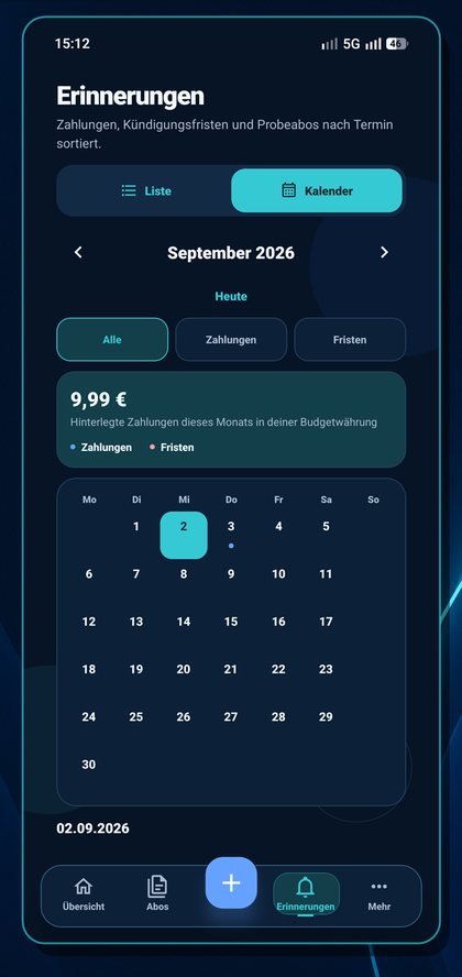 AboPilot: Erinnerungen als Kalender mit Zahlungen und Fristen
